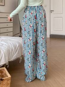DAZY Striped Cartoon Print Wide Leg Loose Pajama Pants, Fall, Winter - Green - View 2