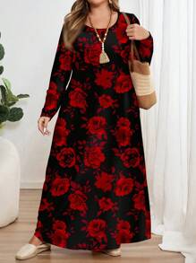 EMERY ROSE Váy cổ tròn dài tay in hoa hồng đỏ ngày lễ tình nhân cỡ lớn, phù hợp cho mùa thu đông - Nhiều màu - Xem 3
