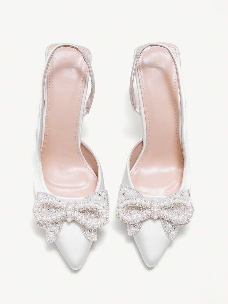 CUCCOO CHICEST Women's Pointed-Toe Stiletto High Heels, Faux Pearl & Rhinestone Bow Decor, Elegant Formal Party Wedding Guest Dress Shoes, White For Christmas Elegant Shoes Wedding Shoes Summer Shoes Bride Shoes