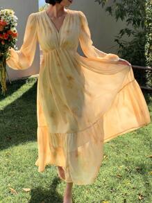 DAZY 女士优雅花卉中长连衣裙，适合春秋季度假，荷叶边长袖连衣裙 - 黃色 - 查看 3