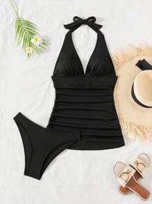 SHEIN Swim 2 件套女士黑色深 V 领罗纹露背束腰比基尼泳装套装，优雅的海滩装节日波西米亚风格，适合夏季海滩度假 - 黑色 - 查看 6