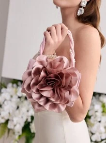 MOTF PREMIUM STYLISH 3D FLOWER FAUX PEARL CHAIN EVENING CLUTCH BAG, ELEGANT PROM BAG