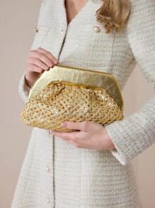 MOTF PREMIUM WOMEN'S FASHIONABLE METALLIC CLUTCH BAG, SUITABLE FOR COMMUTE AND EVENING EVENT - Gold - View 7