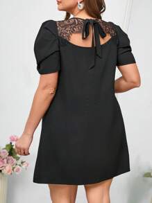 SHEIN Clasi Elegant Lace Patchwork Plus Size Women Short Puff Sleeve Dress,Summer Outfits For Women, Vacation Outfits Woman,Summer Dresses For Women,Business Casual Woman,Going Out ,Office Wear Women,Spring Dresses For Women,Festival,Old Money , V Neck Dress,Dresses For Women Elegant,Classy Outfits For Women,Elegant Woman Clothing,Plus Size Dresses Elegant,Modest Dresses For Women,Modesty Clothes Women,Romantic Dresses - Black - View 2
