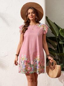 SHEIN LUNE 大码休闲节日花卉蝴蝶印花镂空领口连衣裙情人节 - 粉色 - 查看 5