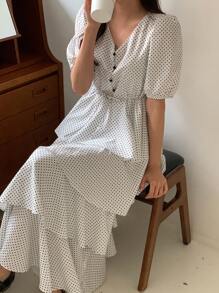 DAZY Women Dot Pattern Pleated Casual Mid-Length Dress