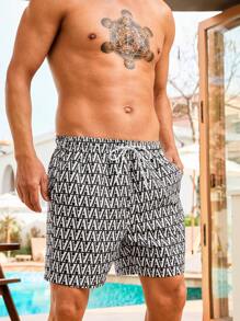 Surfspeed Men's Letter Print Drawstring Waist Beach Shorts - Black and White - View 6