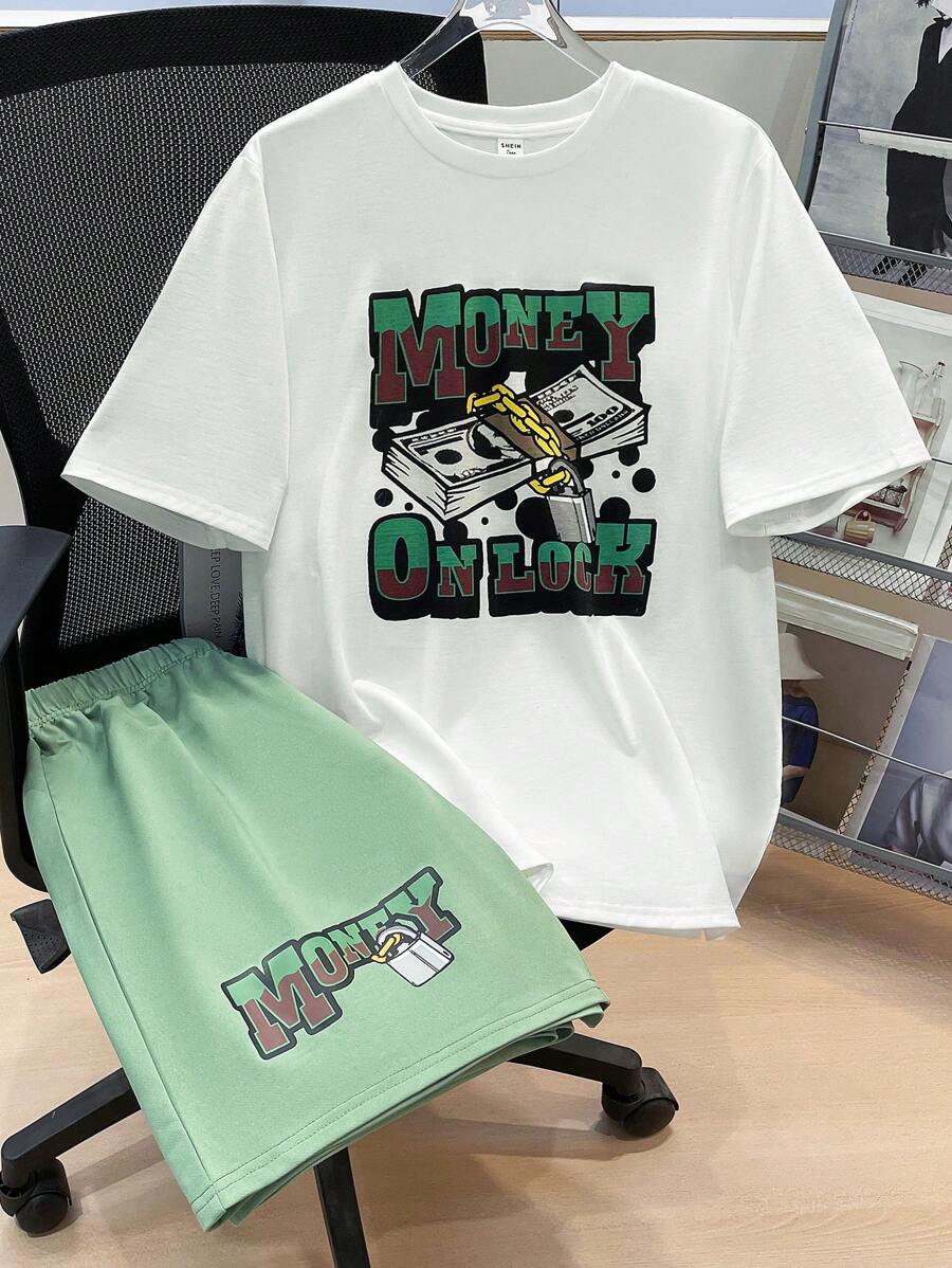 SHEIN 2pcs Teen Boys Casual White Tee And Green Shorts Set, Street Style, Punk, Rock, College, Everyday Outing, Party, Music Festival, Suitable For Spring/Summer, Funny Graphic Print - Multicolor - View 1