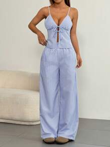 SHEIN Unity 2pcs Women Striped Casual Cami Top And Pants Set, Minimalist Fashion For Everyday Wear - Navy Blue - View 3