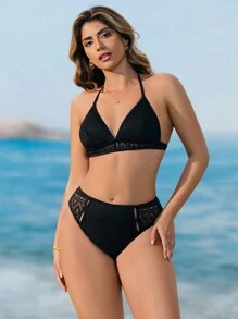 SHEIN Swim Summer Black Lace Double Layer Sexy Bikini Set - Black - View 3