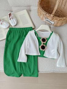 SHEIN LMoss Kids Ensemble de 3 pièces pour bébé fille : veste tricotée mignonne à manches longues, débardeur unicolore et pantalon long - Vert - Voir 5