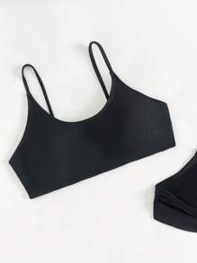 SHEIN Swim Summer Solid Color Minimalist Bikini Set, Suitable For Beach & Vacation - Black - View 3