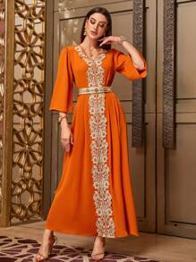 Layrah Orange Beaded Embroidery Waist Cincher Long Sleeve Dress, Arabian Dresses Kaftan Jalabiya Dress - Orange - View 5