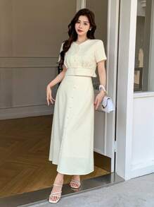 DAZY 2pcs Women Solid Color V-Neck Pleat Detail Button Down Shirt And Skirt Set Lounge Sets For Women - Beige - View 4