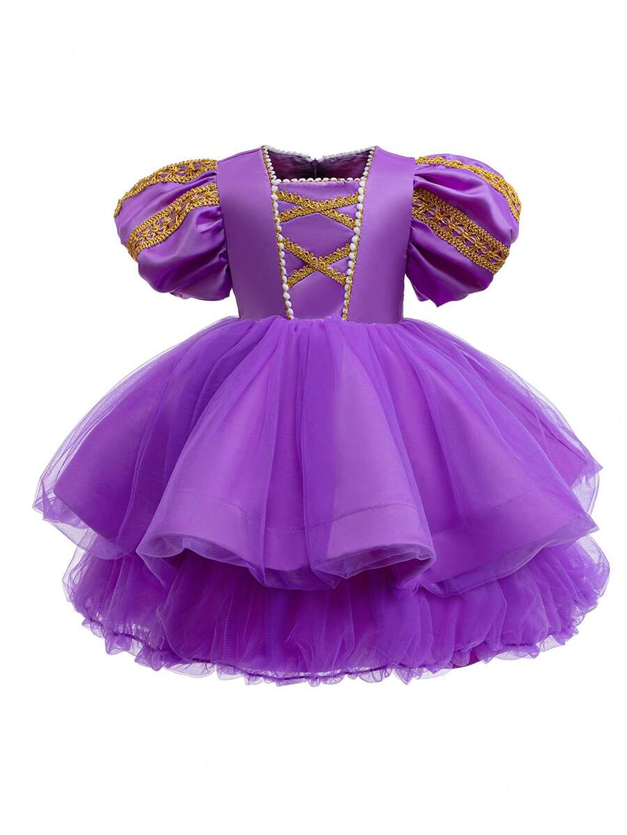 Young Girl Patchwork Ribbon Collar Puff Sleeve Net Mesh Princess Party Dress - Purple - View 1