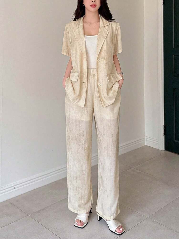 Women Solid Color Short Sleeve Jacket And Pants Suit Set Business Attire