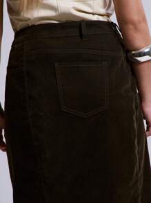 MUSERA Plus Size Velvet Denim Patchwork Skirt For Streetstyle, Cool, Casual, Everyday, Y2K Style, 2000's Style, Holiday Back To School, Work Summer - Army Green - View 5