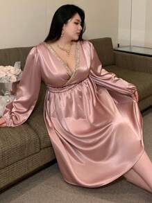 Dazy Plus Farbblock V-Ausschnitt Midi-Länge Partykleid in Große Größen, Frühling/Sommer/Herbst Langarm Kleid Hochzeit Damen Kleider Abendkleid Elegante Damenkleider