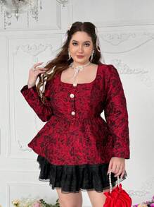 Flirla Plus Size Elegant Button Decor Ruffle Trim Crew Neck Long Sleeve Blouse, Suitable For Dates Peplum Top,Valentine Fall Cloth For Women - Red - View 5