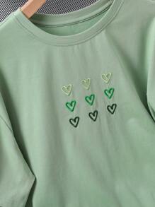 SHEIN Teen Girl Gray Green Heart Embroidery Sweet,Round Neck Short Sleeve Letter Print Casual T-Shirt,Oversize