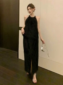 DAZY 女士优雅通勤吊带上衣和 A 字裙 2 件套夏季舞会礼服 - 黑色 - 查看 5