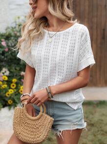 SHEIN LUNE Women Casual Textured Patchwork Lace Trim Criss-Cross Hollow Back Short Sleeve T-Shirt