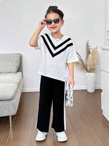 2pcs/Set Young Girls Solid Knit Round Neck Fitted T-Shirt + Loose Knit Wide-Leg Pants
