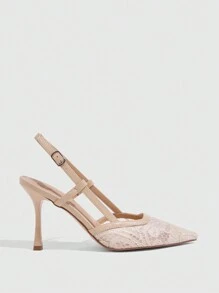 CUCCOO SZL Tacones de salón de punta fina de material de encaje color albaricoque con correa trasera para mujer, sexy para uso diario, citas, fiestas, vacaciones, San Valentín, boda