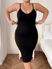 1pc Plus Size Seamless High-Waist Camisole For Women, Long Length Shapewear - Black - View 6