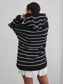 RueChic Striped Pattern Design With Hood Suitable For Casual Style Women's Sweater Tops - Black and White - View 2
