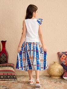 Blue And White Retro Print Ruffle Trim Summer Tea Party Modest Sweet Style - Multicolor - View 2