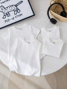 SHEIN Set de 4 piezas de camisetas de manga corta de cuello redondo de punto suave de unicolor unisex para niño bebé - Blanco - Ver 5