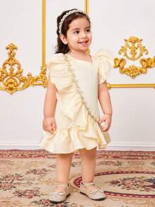 SHEIN Babygirl Elegant Flounced Hem Fancy Dress, Suitable For Summer - Champagne - View 5