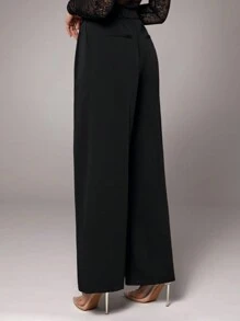 Silquee 女士高端黑色优雅时尚通勤套装，夏秋季办公室商务休闲装，不对称腰部宽松办公裤套装 - 黑色 - 查看 3
