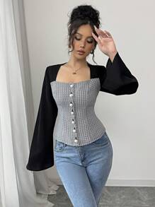 Elenzga Camisa de mujer elegante de manga acampanada con cuello cuadrado y bloque de color negro