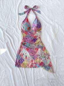 Soleia Sweet Romantic Ditsy Floral Color Block Patchwork Halter V-Neck Drawstring Mesh Ruched Vacation Mini Dress For Ladies, Suitable For Holiday, Music Festival, Bohemian, Date, Afternoon Tea, Spring/Summer - Multicolor - View 5