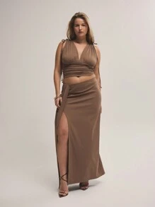 MUSERA Chân váy maxi gợi cảm, ôm sát, xếp ly phía trước, cỡ lớn, thích hợp cho buổi hẹn hò, đi chơi với bạn bè, kỳ nghỉ, dịp đặc biệt, dự tiệc cưới, mùa hè. - màu nâu - Xem 1