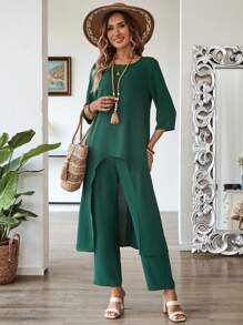 EMERY ROSE 2pcs/Set Women Solid Color Uneven Hem 3/4 Sleeve Top And Pants Outfit - Dark Green - View 5