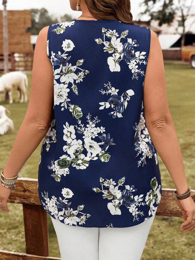 Plus Size Women Blue Floral Print Sleeveless Shirt,Vacation Blouses For Women,Summer Tops Women,Casual Everyday Wear,Flower/Spring