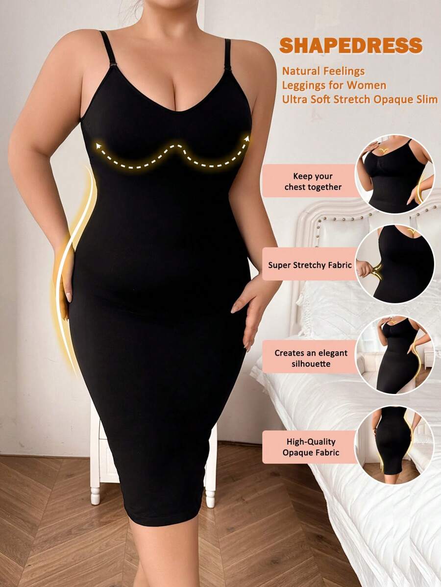 1pc Plus Size Seamless High-Waist Camisole For Women, Long Length Shapewear - Black - View 1
