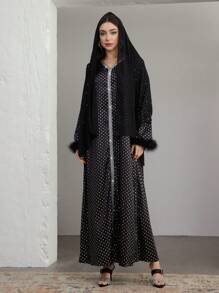 Graceveil Women's V-Neck Loose Polka Dot Silver Foil Furry Elegant Arabic Long Dress Modest - Black - View 3
