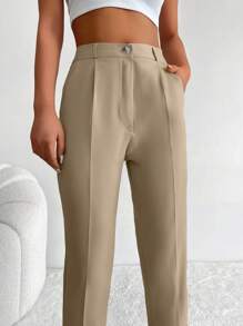 EURMUSE High Waist Button Front Cropped Suit Trousers - Apricot - View 5