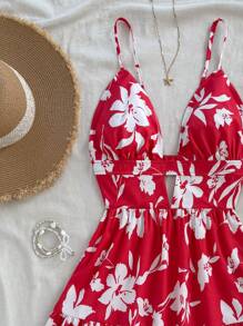 Soleia 女士节日编织花卉印花吊带裙，红色底色，白色花朵，夏季款式，迷你连衣裙 - 紅白色 - 查看 6