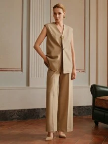 Anewsta Elaire Women's Sleeveless Suit Vest Modern Casual Suit Old Money - Khaki - View 6