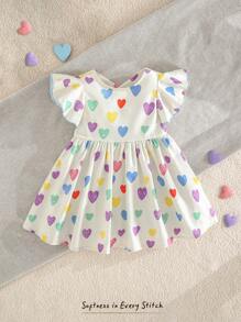 Cozy Pixies Vestido de cuello redondo con volantes y lazo grande en contraste para el Día de San Valentín, con estampado de corazones de colores para bebé niña - Azul - Ver 5