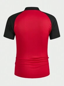 Manfinity Homme Men's Casual Color Block Patchwork Stand Collar Short Sleeve T-Shirt,Men's Casual Daily Multifunctional INS Geometric Texture Jacquard Style, Fashionable Men's Clothing, Gifts For Husband And Boyfriend, Sports Comfortable Elastic Fabric, Ultra Low Price High-End Luxury Fabric Texture, Unique Design, Outdoor Travel, Commuting To Work, INS Versatile Item, Black And Red Color Block , Zipper Style