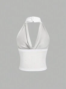 Sweetra Women's Sleeveless Backless Glitter Elegant Draped Neck Tank Top