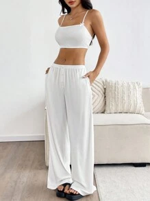 Flirla 2 件套白色吊带背心上衣和裤子套装，纹理面料，纽扣装饰，无袖短款背心和紧身裤休闲家居服 - 白色 - 查看 6