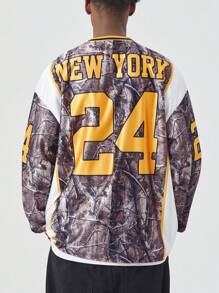 ROMWE MEN Prep 男士 V 领长袖字母与树枝印花休闲 T 恤，秋季