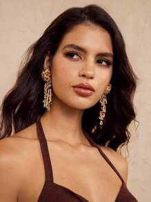 SHEIN BAE Fashionable Exaggerated Fluffy Leopard Print Tassel Crystal Beads Drop Earrings, Vintage Style, Unique Design